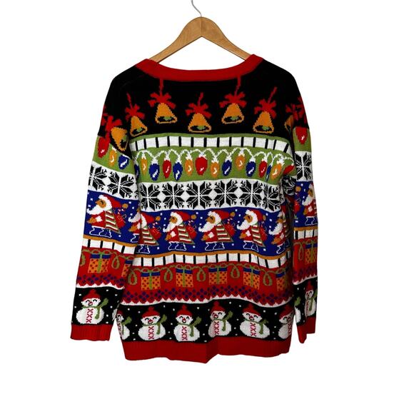 Ugly Christmas Cardigan Sweater Santa Snowman Bells Lights Gifts Womens XL - Picture 2 of 8